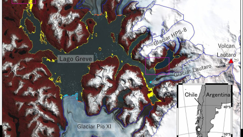 07/10/2022. Imagen de satélite del Lago Greve (Chile) y de los puntos de referencia circundantes. La zona que pasó de ser lago a superficie terrestre desde el 8 de abril hasta el 1 de noviembre de 2020 está resaltada en amarillo.