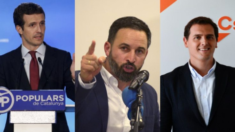 De izquierda a derecha: Pablo Casado (PP), Santiago Abascal (Vox) y Albert Rivera (Cs)