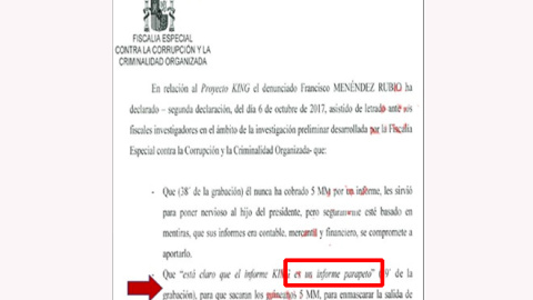 Declaración sobre que el informe 'King' de Villarejo es un "parapeto" que se recoge en el folio 46 del primer tomo de toda la macrocausa 'Tándem'.