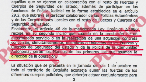 Fragmento del auto del TSJC 3/2017 de 27 de septiembre que subraya que los mandos de las fuerzas de seguridad del Estado asumirán la dirección de una operación conjunta con la policía autonómica.