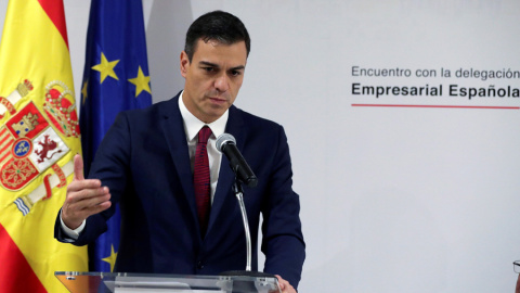 El presidente del Gobierno Pedro Sánchez, durante su intervención en una reunión con empresarios españoles que tienen intereses en Cuba. EFE/JuanJo Martin