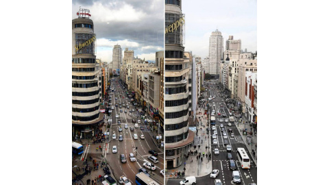 Antes y después de las obras en la Gran Vía de Madrid.- AYUNTAMIENTO DE MADRID