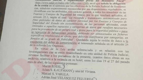 Documento interno de la Policía que recoge el hospedaje en el hotel Orfila de los testigos falsos contra Podemos.