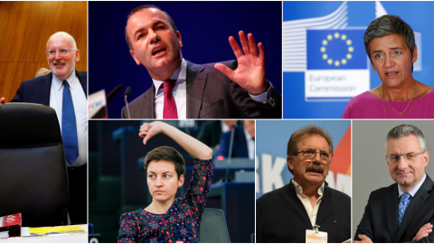 En la foto, de izquierda a derecha, y de arriba a abajo: Frans Timmermans del Partido Socialista Europeo (PSE), Manfred Weber del Partido Popular Europeo (PPE)Margrethe Vestager del Grupo de la Alianza de los Liberales y Demócratas por Europa (ALDE), Ska