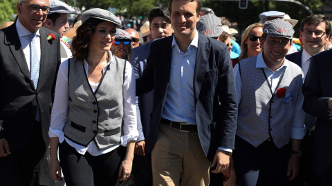 15/5/2019 El presidente del Partido Popular, Pablo Casado, también ha hecho acto de presencia en la Pradera acompañado por los candidatos de su partido a la alcadía de Madrid, Jose Luis Martínez-Almeida, y a la Comunidad, Isabel Díaz Ayuso.- EFE