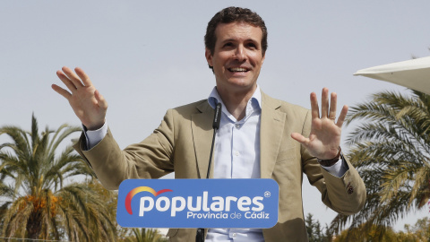 26/03/2019.- El presidente del PP, Pablo Casado, durante su intervención en un acto organizado con moteros. / EFE