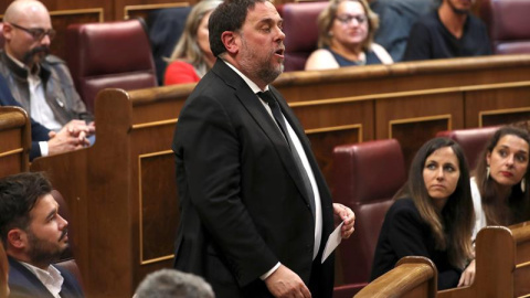 21/5/2019.-El líder de ERC, Oriol Junqueras, que se encuentra en prisión provisional, promete el cargo durante la sesión constitutiva de las nuevas Cortes Generales de la XIII Legislativa que se celebra este martes en el Congreso de los Diputados.EFE/G