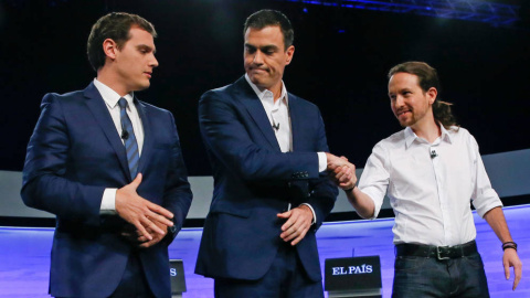 Los candidatos a la Presidencia del Gobierno de Ciudadanos, Albert Rivera, Pedro Sánchez y Pablo Iglesias./ Efe