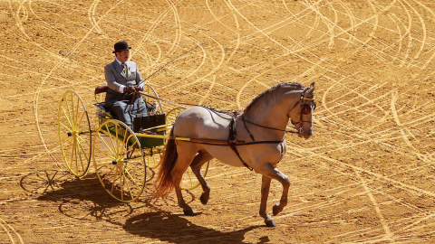 Primera jornada de la Feria de Abril de 2024, con el tradicional paseo de caballos y enganches, a 14 de abril de 2024.