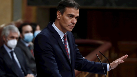 El presidente del Gobierno, Pedro Sánchez, interviene en la segunda sesión del debate de moción de censura presentada por Vox en el Congreso. EFE/Mariscal