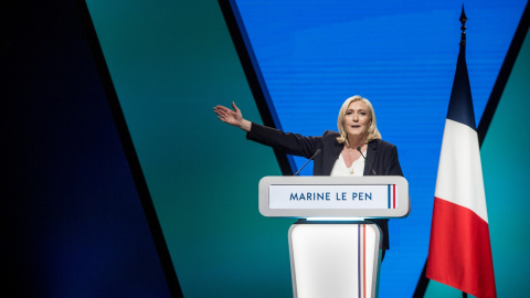 02/03/22. La candidata a la presidencia de Francia, Marine Le Pen, durante un acto de campaña en Reims, a 5 de febrero de 2022.