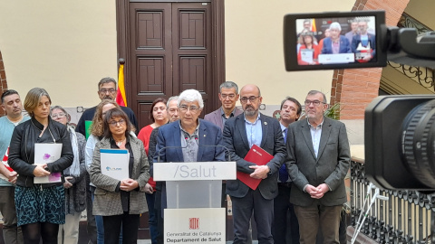 Manel Balcells i Díaz, durant l'atenció als mitjans de comunicació a la seu del Departament