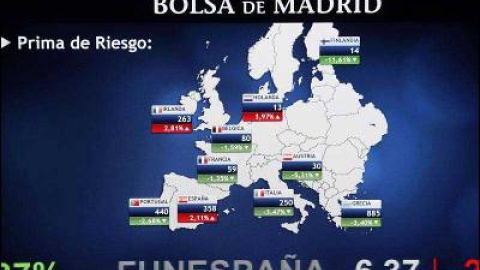 Panel informativo en el parqué madrileño que muestra el valor de la prima de riesgo en los distintos países europeos, el 25 de enero.