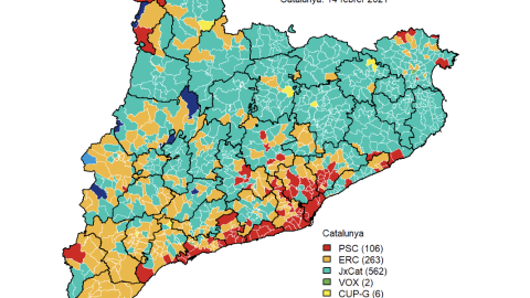 Mapa que representa la candidatura més votada a cada territori en les eleccions al Parlament de 2021.