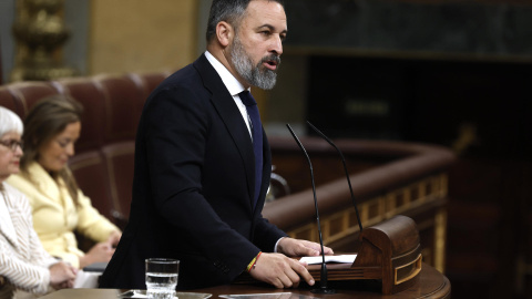 El líder de Vox, Santiago Abascal, durante su intervención ante el pleno del Congreso, a 22 de mayo de 2024.