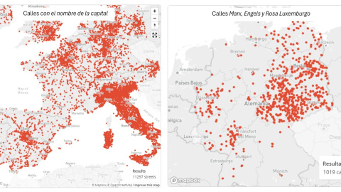 03/06/2024-Calles con el nombre de la capital de cada país (izquierda) y calles conmemorando a Marx, Engles y Rosa Luxemburgo (derecha). https://stnameslab.com/buscador-eur/