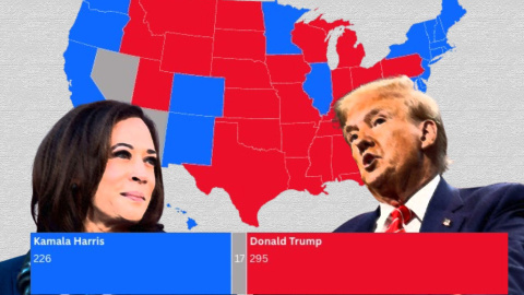 07/11/2024 Kamala Harris, candidata demócrata a la presidencia de los EEUU, y Donald Trump, candidato republicano. En medio, un mapa con los resultados de las elecciones por estados.