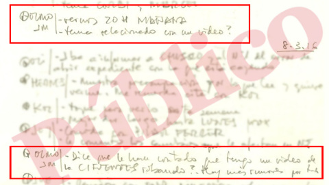 Apunte de la agenda del comisario José Manuel Villarejo de marzo de 2016 sobre la reunión con el periodista José María Olmo hablando del vídeo de Cifuentes.