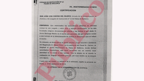 Certificado del secretario judicial del Juzgado de Instrucción 12 de Palma, donde cuenta el traslado de una comitiva judicial a la cárcel de Palma