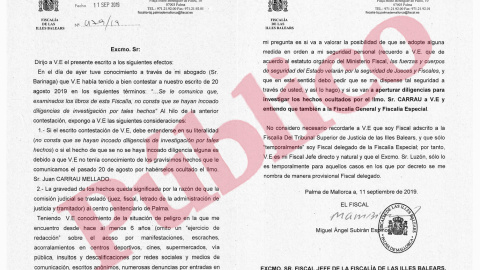 Escrito del fiscal Miguel Ángel Subirán dirigido a la Fiscalía Superior de Balears donde pide explicaciones sobre la falta de investigación acerca del presunto plan para asesinarles a él y al juez Penalva.