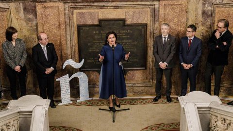 La presidenta del Gobierno de La Rioja, Concha Andreu, en la presentación del Valle de La Lengua, en Casa de América, de Madrid, acompañada por los ministros Diana Morant, Miquel Iceta, Fernando Grande-Marlaska, Félix Bolaños y Joan Subirat