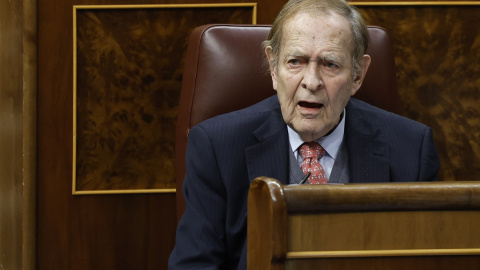 Ramón Tamames, durante la moción de censura de Vox, de la que es candidato, en el Congreso de los Diputados.