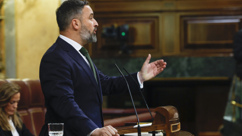 El líder de Vox, Santiago Abascal, durante su intervención en la moción de censura contra Pedro Sánchez.