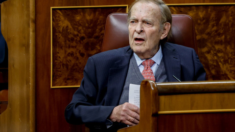 Ramón Tamames, durante la segunda jornada de la moción de censura en el Congreso.