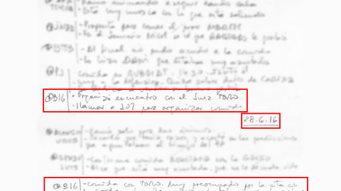 Apuntes de las agendas del comisario jubilado José Manuel Villarejo de los días 16 y 28 de junio de 2016 sobre los encuentros con el juez Juan Antonio Toro