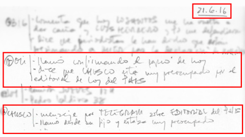 Apuntes de la agenda de José Manuel Villarejo del 21 de junio de 2016 en el que recoge la preocupación de Francisco Martínez (PP), alias Chisco, por el editorial de El País