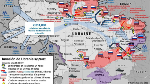 Mapa de Ucrania que muestra el avance de las tropas rusas y las principales batallas y bombardeos en el país.