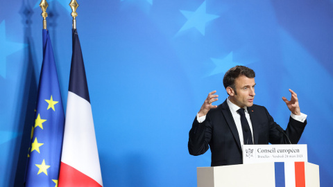 El presidente de Francia, Emmanuel Macron, durante una conferencia de prensa en una cumbre de la UE en Bruselas, a 24 de marzo de 2023.