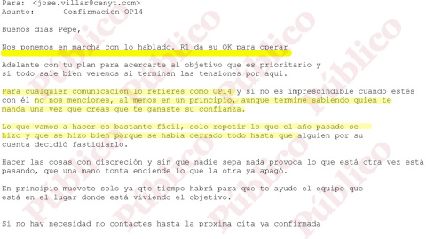 Mensaje del agente secreto alias “Aquiles” dando a Villarejo la luz verde del director del CNI, general Sanz Roldán, para “operar” y “acercarte al objetivo” que denomina “OP14” y es el traficante de armas El Assir, amigo del rey emérito. / 