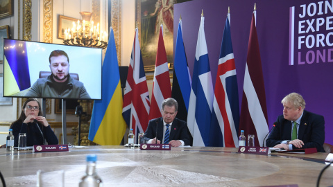 El presidente de Ucrania, Volodímir Zelenski, durante su intervención ante los miembros de la Fuerza Expedicionaria Conjunta.