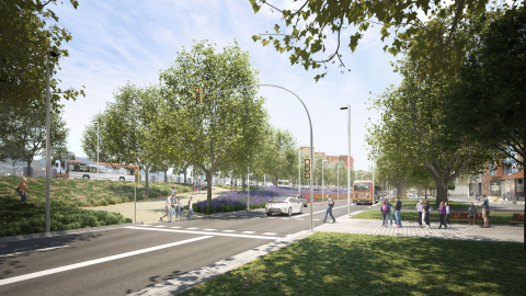 Render de la proposta de reurbanització de la Meridiana entre Fabra i Puig i el pont de Sarajevo