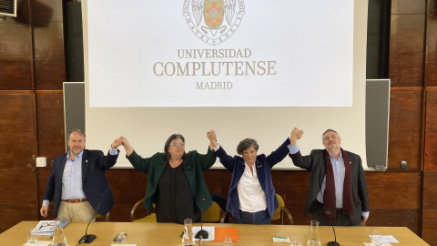 26/03/2023. Esther del Campo en la presentación del acuerdo , junto a los demás candidatos: María Castro Morera, Iñaqui López Sánchez y Jesús Pérez Gil, a 24 de marzo de 2023.