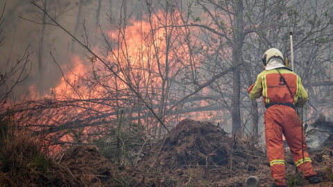 Bomberos de Asturias trabajan en el incendio de los concejos de Valdes y Tineo. E.P./Xuan Cueto