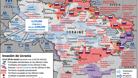 Mapa de la invasión rusa a Ucrania desde el 13 al 18 de marzo de 2022.