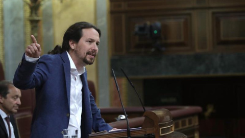 El líder de Podemos, Pablo Iglesias, durante su intervención en el Congreso de los Diputados. / EFE