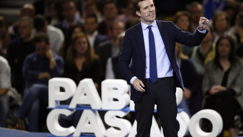 El candidato a la presidencia del Gobierno por el PP, Pablo Casado, durante el acto de cierre de campaña que los populares celebran esta tarde en el Palacio de los Deportes de Madrid. EFE/Javier Lizón.