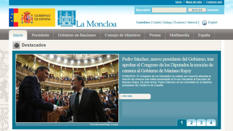 Imagen capturada de la web de Moncloa que ha actualizado su página tras la moción de censura y ha incluido, en portada, la noticia de la designación de Pedro Sánchez como presidente, además de cambiar la pestaña de "Gobierno" por "Gobierno 