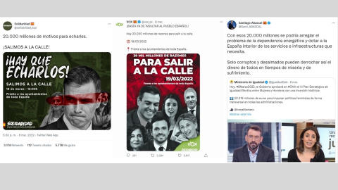 Capturas de tuits de Santiago Abascal, VOX y Solidaridad. — Twitter