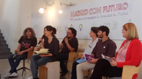 La candidata de Unidas Podemos a la Presidencia regional, Isabel Serra, presentadno el programa electoral de su partido para la Comunidad de Madrid. / EUROPA PRESS