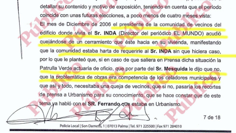 Fragmento del acta policial del testimonio de Mesquida en el que se inicia el relato del incidente protagonizado por Eduardo Inda.