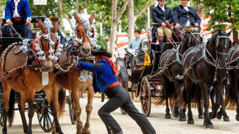 Un cochero se ocupa de sus caballos en el Real de la Feria en el primer día de la Feria de Abril. EFE/ Raúl Caro