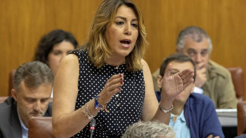 03/05/2019.- La secretaria general del PSOE-A, Susana Díaz, durante la sesión de control al Ejecutivo hoy en el Parlamento de Andalucía en Sevilla. EFE/Julio Muñoz