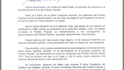 Carta de renuncia de José María Aznar a la presidencia de honor del Partido Popular