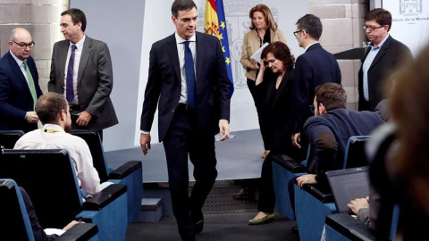 GRAF4787. MADRID, 06/06/2018.- El presidente del Gobierno, Pedro Sánchez, durante la comparecencia en la que ha anunciado la composición de su Ejecutivo, hoy en el Palacio de La Moncloa.- EFE/Mariscal