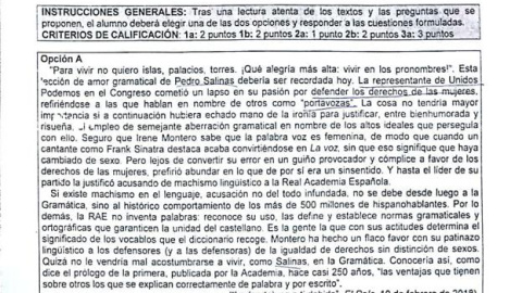 Pregunta del exámen de Selectividad de Extremadura en la que se pide que se analice un artículo de 'El País' que críticaba a Irene Montero por haber utilizado la palabra "portavoza"