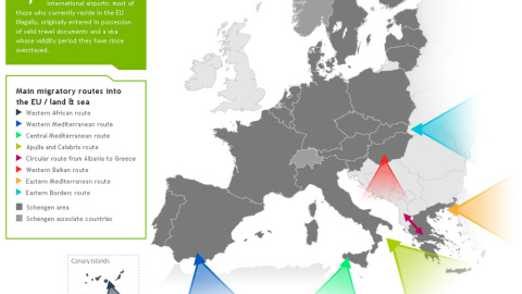 Mapa de las principales rutas migratorias hacia la UE elaborado por Frontex.